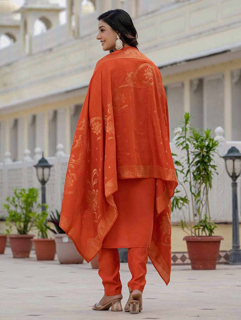 Women Solid With Work Three Quarter Sleeve Kurta Pant With Dupatta Set - 22298497 -  Standard Image - 2