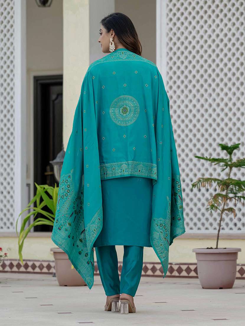 women solid with work three quarter sleeve kurta pant with dupatta set - 22298500 -  Standard Image - 2