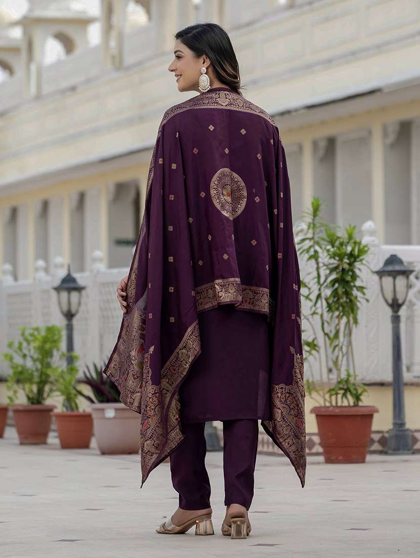 women solid with work three quarter sleeve kurta pant with dupatta set - 22298501 -  Standard Image - 2
