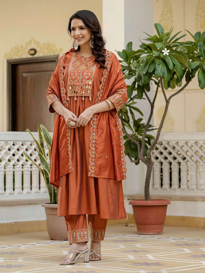 women solid with work three quarter sleeve kurta pant with dupatta set - 22298503 -  Standard Image - 2