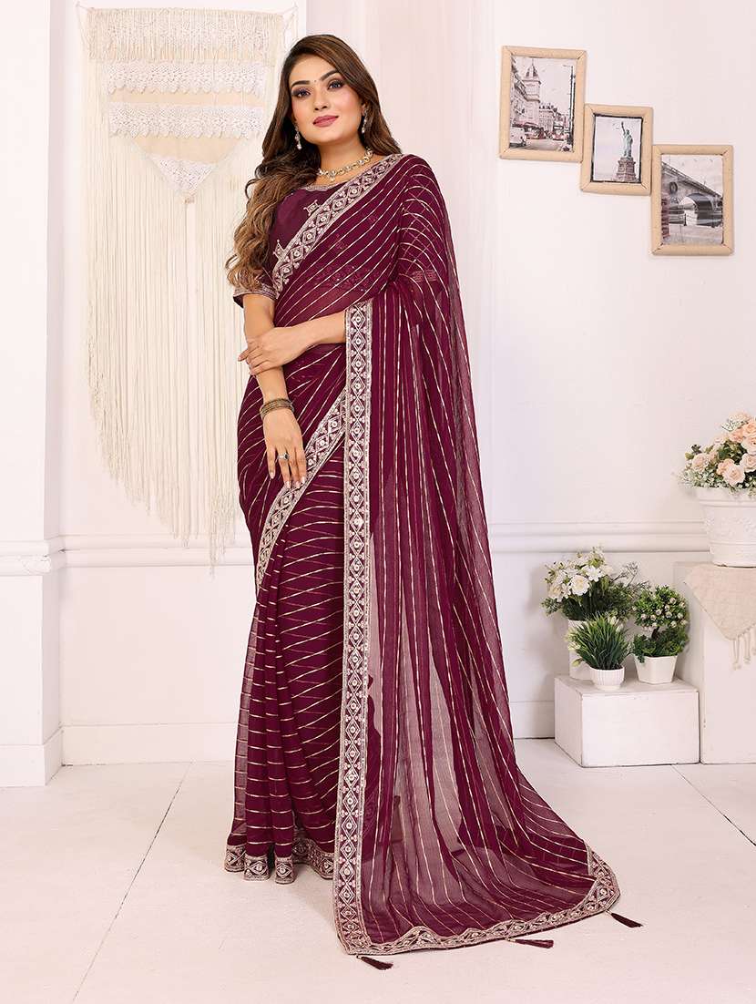 women striped bordered saree with blouse - 22298968 -  Standard Image - 2