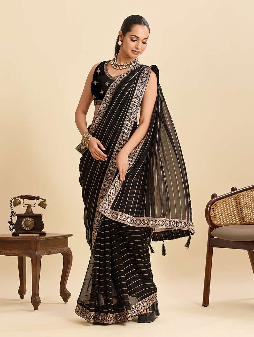 women striped bordered saree with blouse - 22298999 -  Standard Image - 2