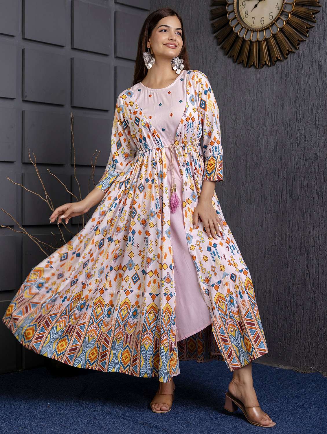 women printed three quarter sleeve ethnic dress