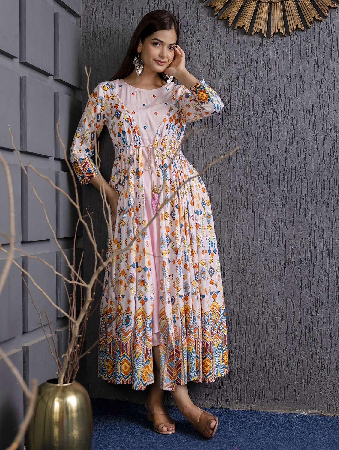 women printed three quarter sleeve ethnic dress - 22299135 -  Standard Image - 2