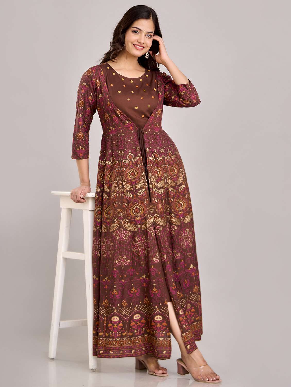 women printed three quarter sleeve ethnic dress