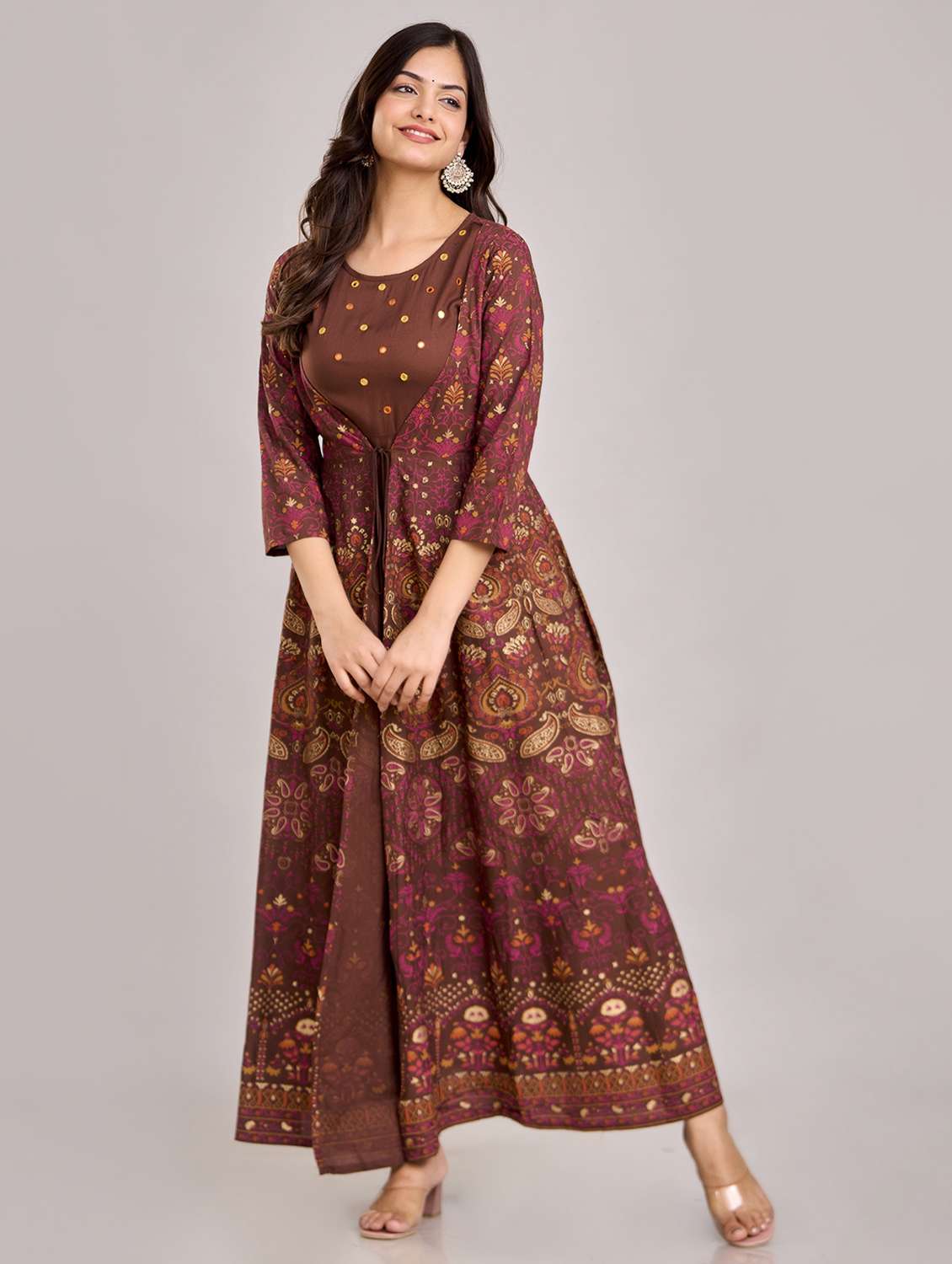 women printed three quarter sleeve ethnic dress - 22299136 -  Standard Image - 2