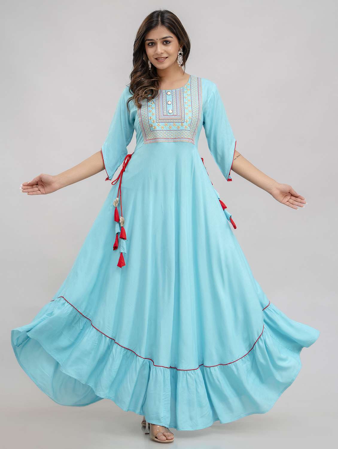 women solid with work three quarter sleeve ethnic dress - 22299141 -  Standard Image - 2