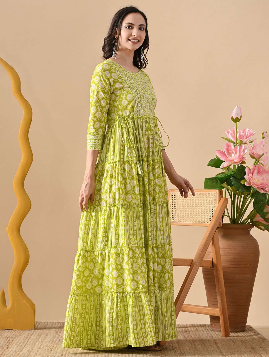 women printed three quarter sleeve ethnic dress - 22299148 -  Standard Image - 2
