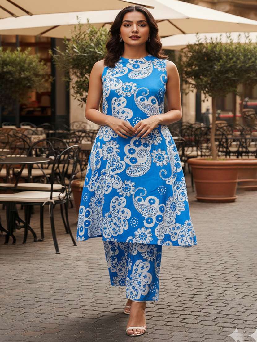 women printed sleeveless ethnic co-ord set