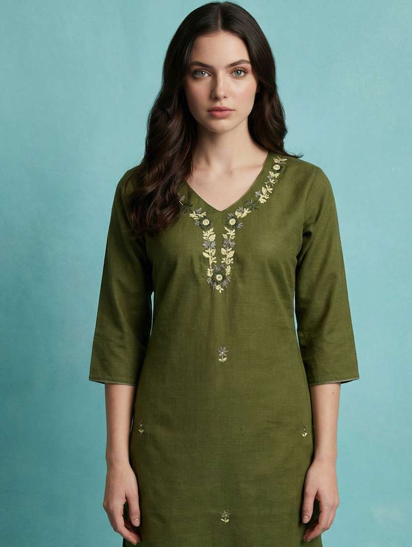 Women Solid With Work Three Quarter Sleeve Straight Kurta - 22299453 -  Standard Image - 2