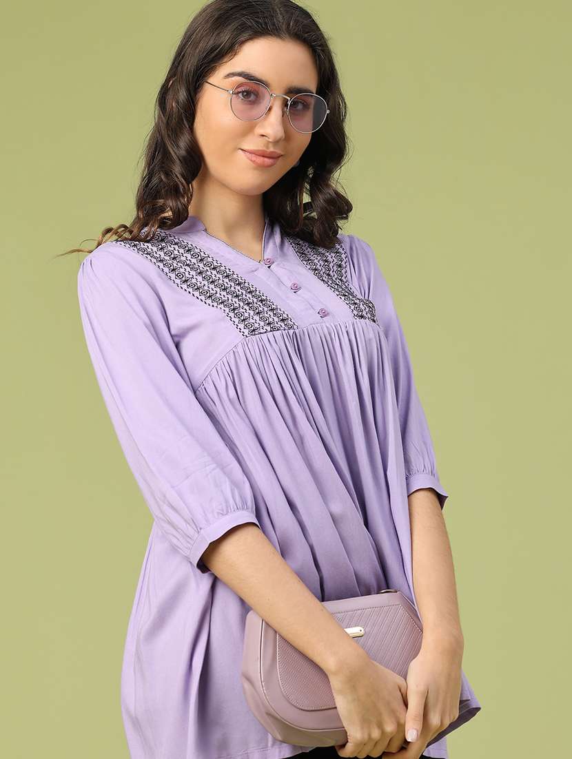 women solid with work three quarter sleeve flared tunic - 22299607 -  Standard Image - 2