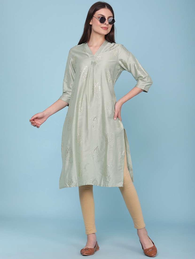 women self design three quarter sleeves straight kurta