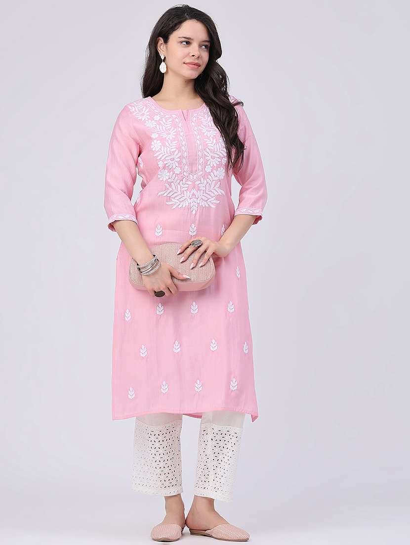 women embroidered three quarter sleeves straight kurta