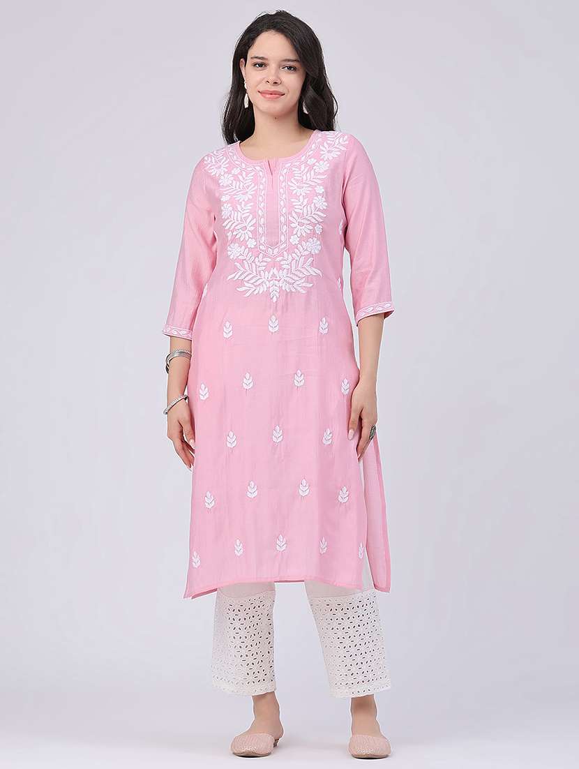 women embroidered three quarter sleeves straight kurta - 22299620 -  Standard Image - 2