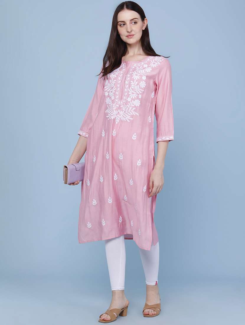 women embroidered three quarter sleeves straight kurta