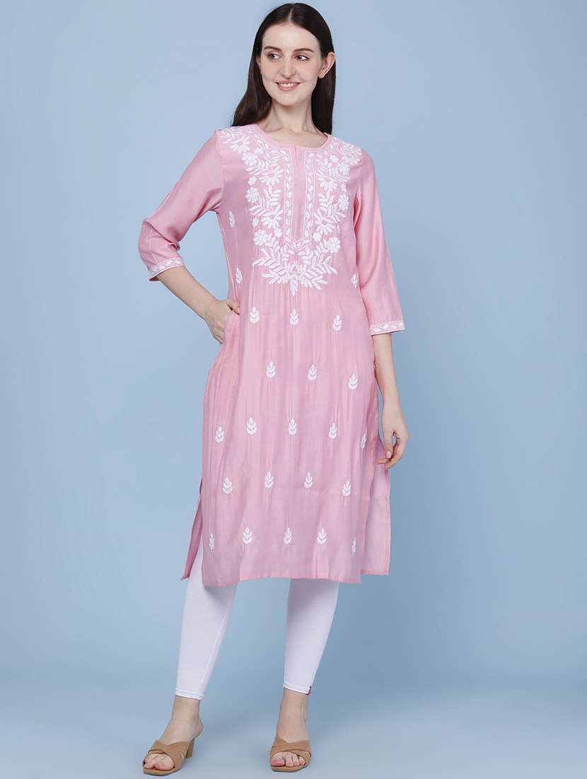 women embroidered three quarter sleeves straight kurta - 22299621 -  Standard Image - 2