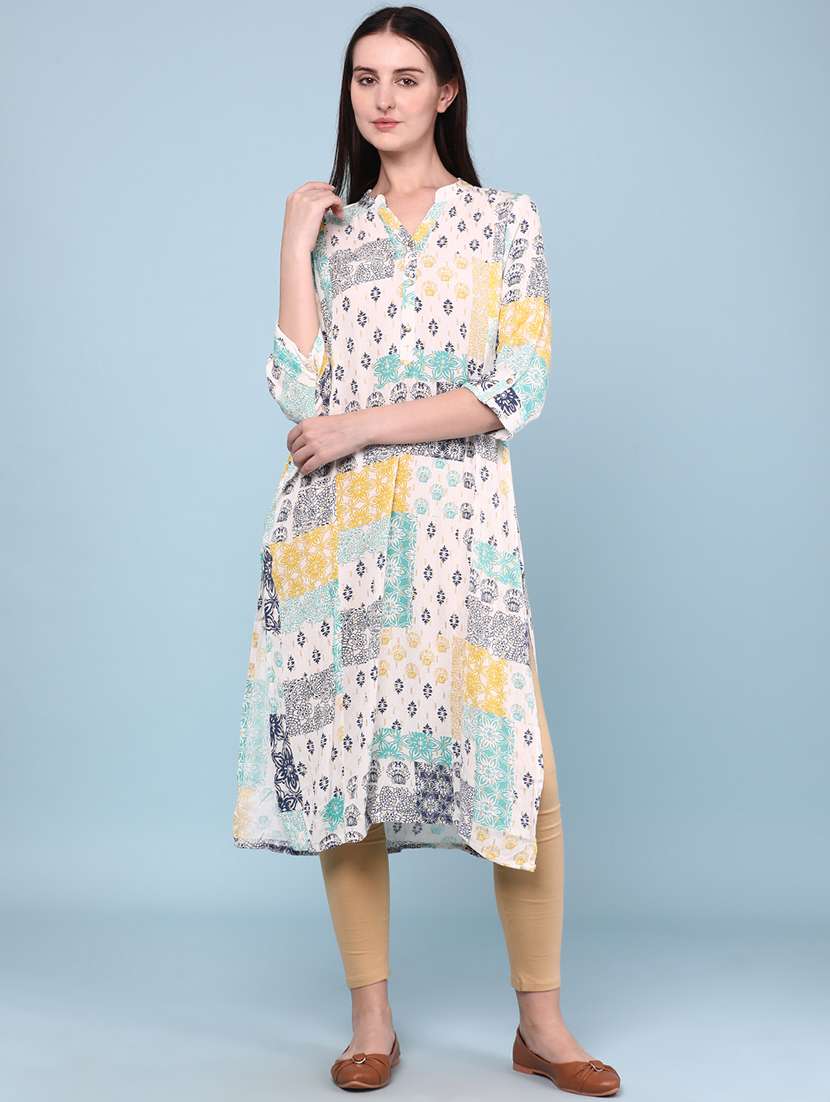 Women Printed Three Quarter Sleeves Straight Kurta - 22299624 -  Standard Image - 2