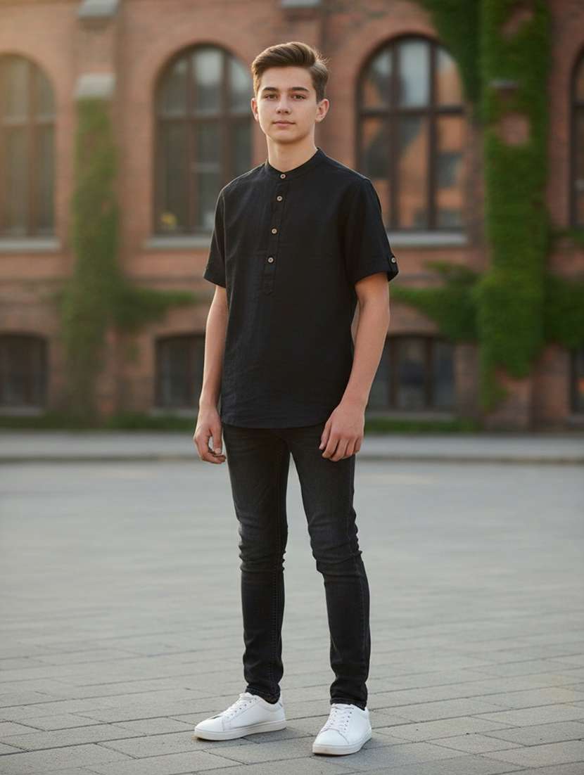 boys solid mandarin neck short kurta - 22299649 -  Standard Image - 2