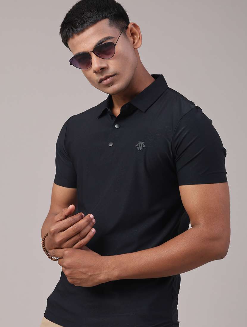 men's black seamless polo-t-shirt with tonal stitching  slim fit breathable  stretch