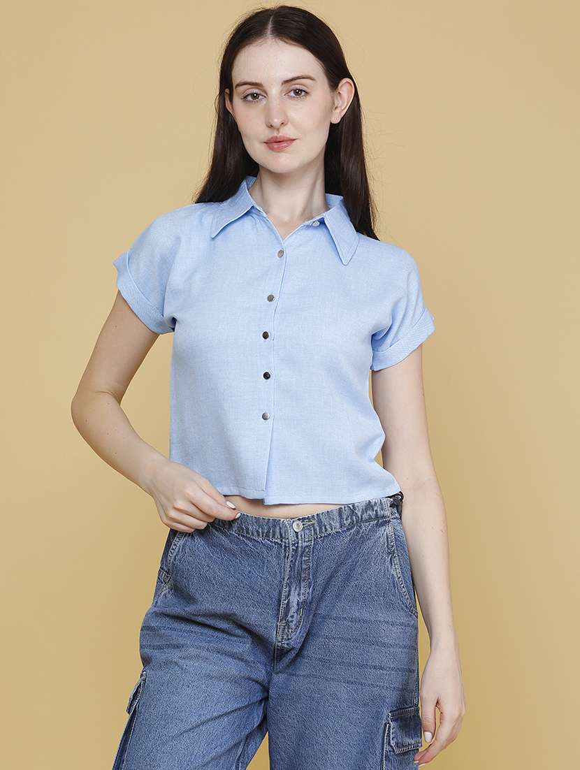 women solid short sleeves shirt style top - 22299882 -  Standard Image - 2