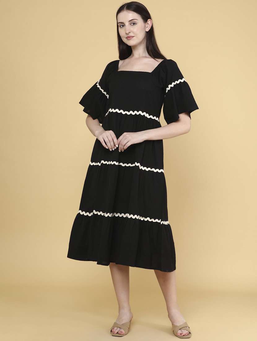 women solid square neck tiered dress - 22300020 -  Standard Image - 2