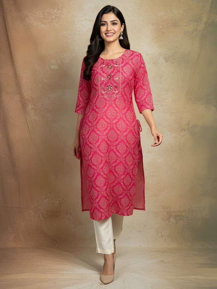 women printed three quarter sleeve straight kurta