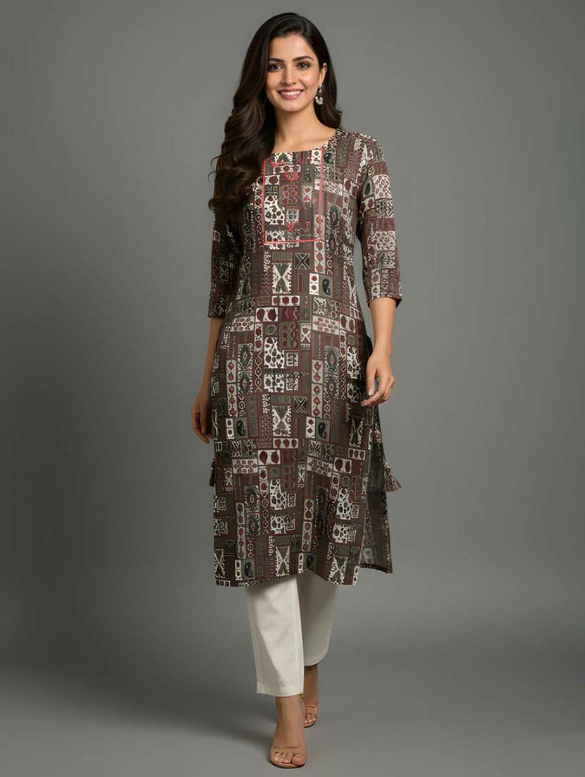 women printed three quarter sleeve straight kurta