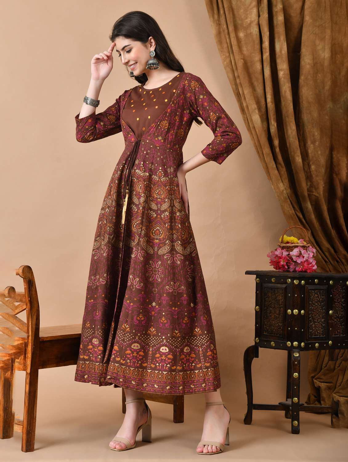 women printed three quarter sleeve ethnic dress - 22300338 -  Standard Image - 2