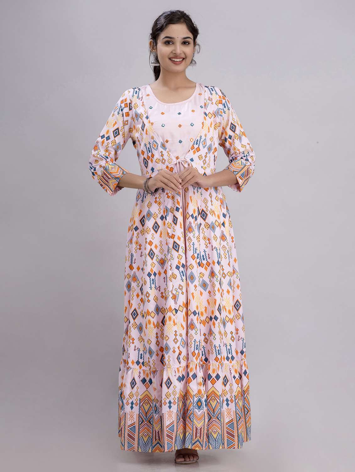 women printed three quarter sleeve ethnic dress