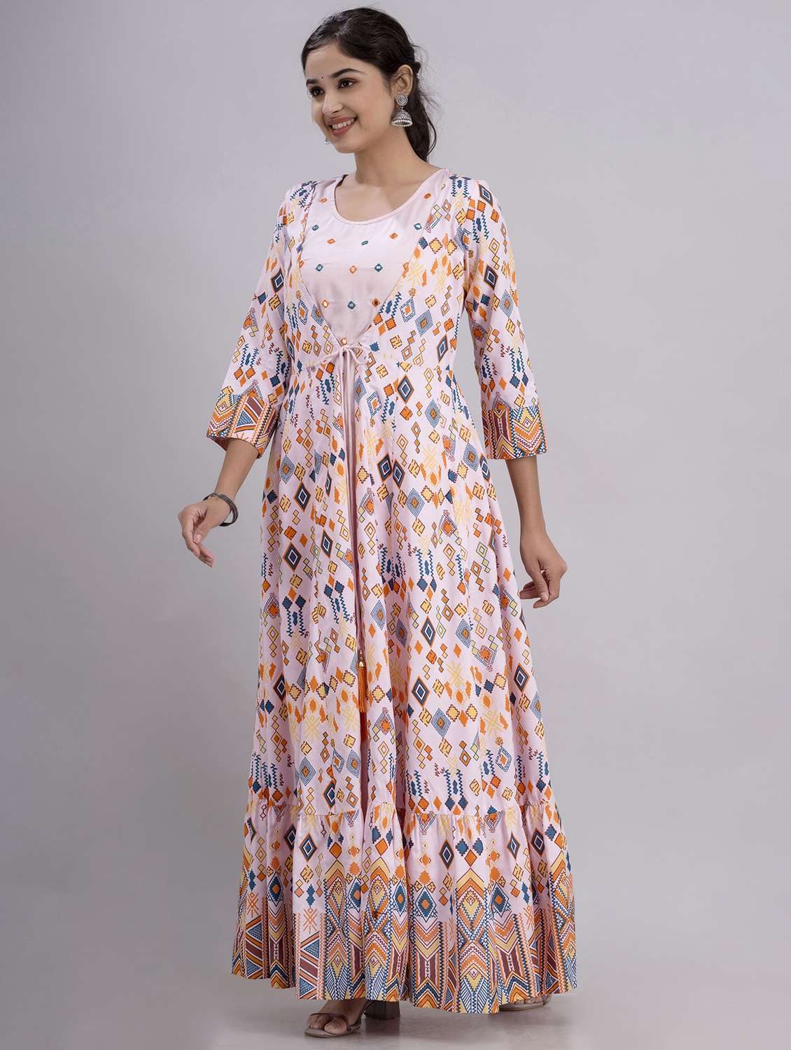 women printed three quarter sleeve ethnic dress - 22300339 -  Standard Image - 2