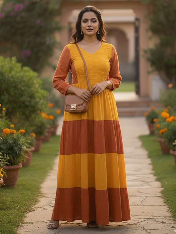 women color block three quarter sleeve tiered maxi dress