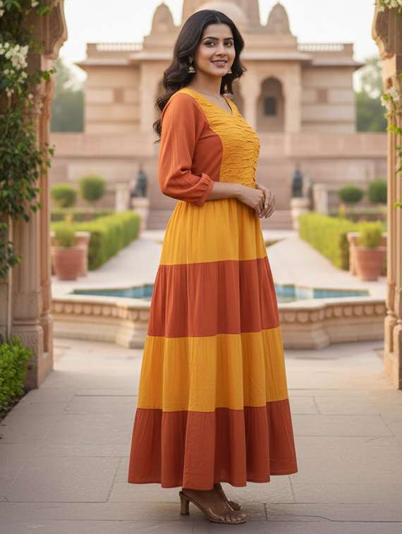women color block three quarter sleeve tiered maxi dress - 22300343 -  Standard Image - 2