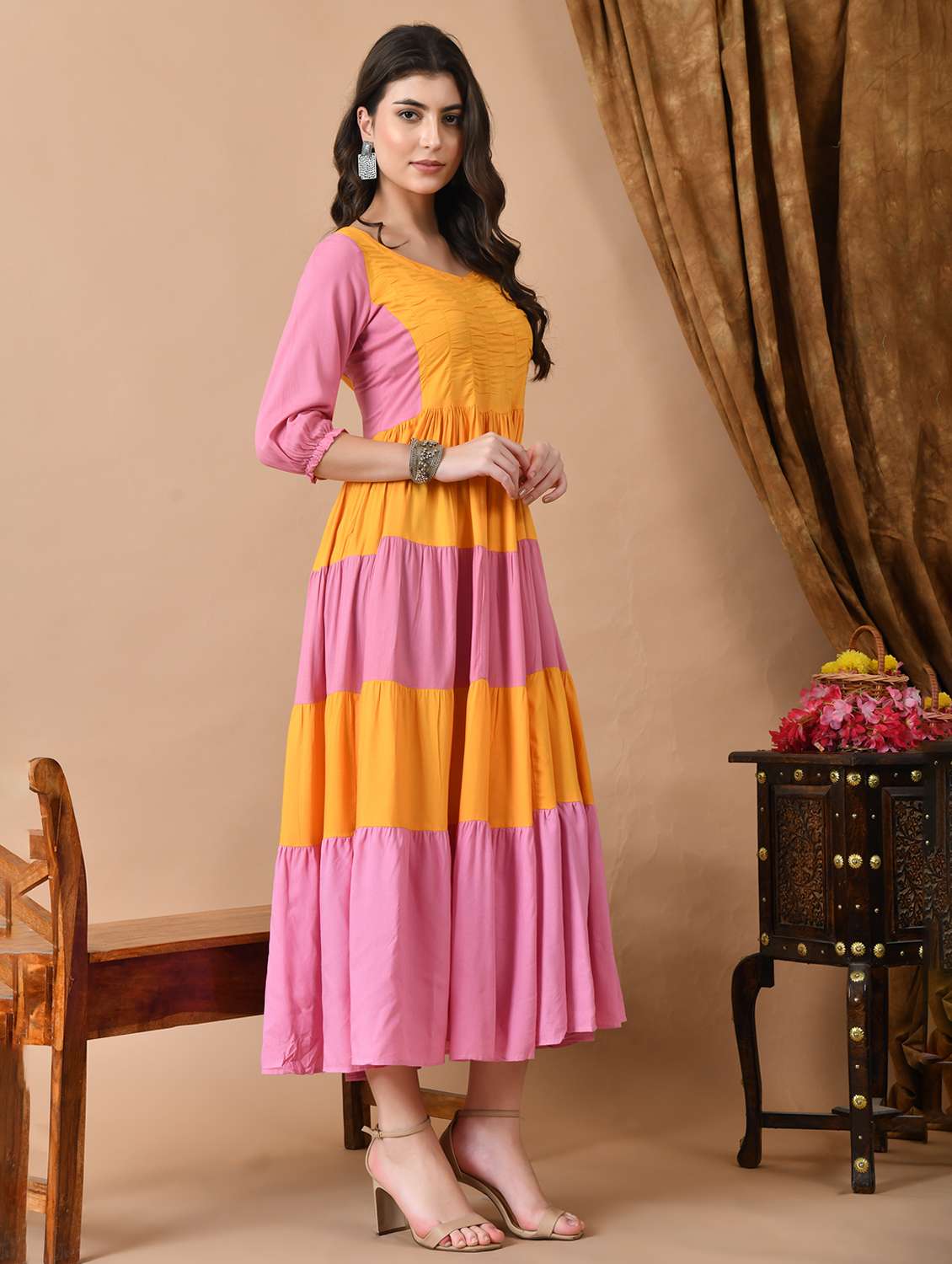 women color block three quarter sleeve tiered maxi dress - 22300344 -  Standard Image - 2