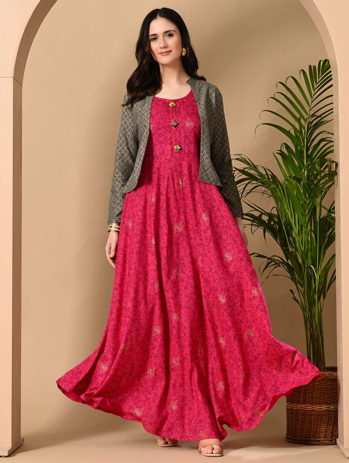 women printed three quarter sleeve ethnic dress