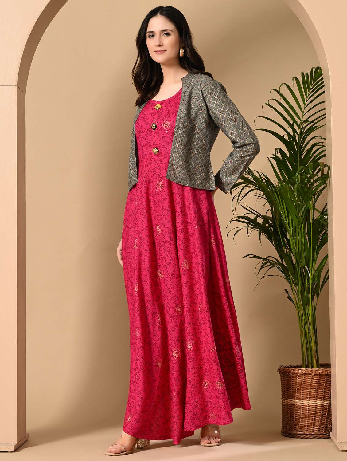 women printed three quarter sleeve ethnic dress - 22300346 -  Standard Image - 2