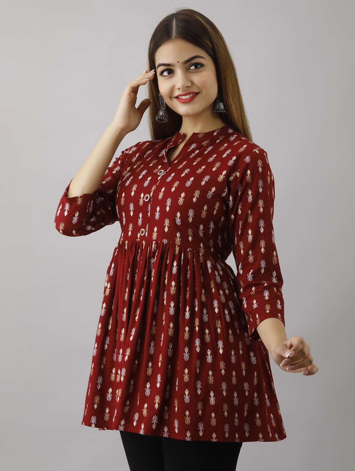 women printed three quarter sleeve a-line kurti - 22300353 -  Standard Image - 2