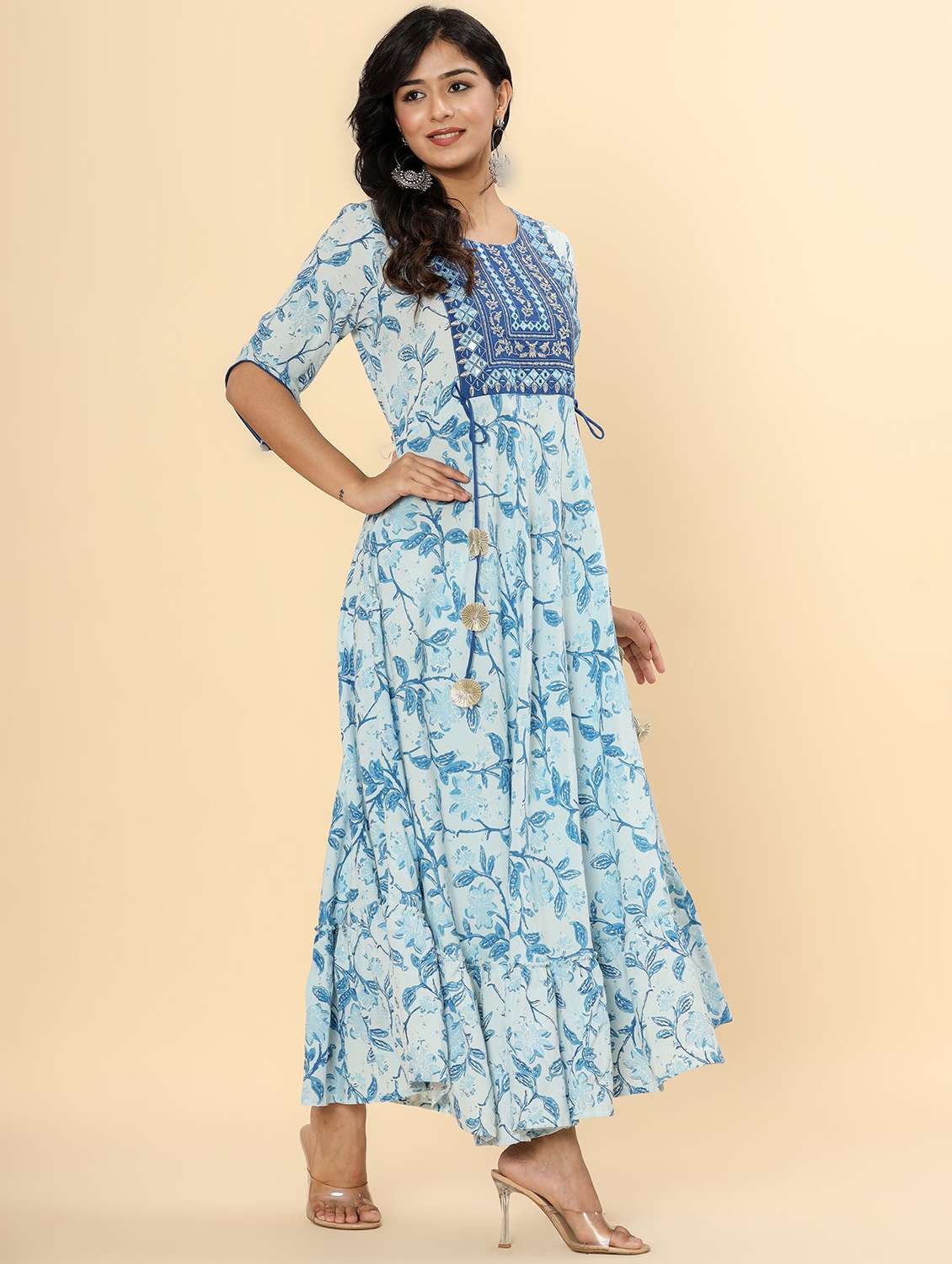 women floral printed short sleeve ethnic dress - 22300354 -  Standard Image - 2