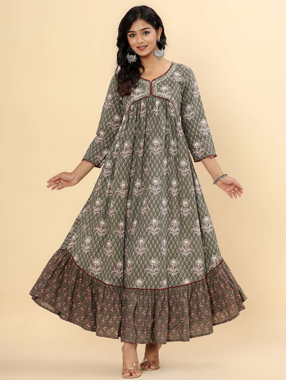 women printed three quarter sleeve ethnic dress