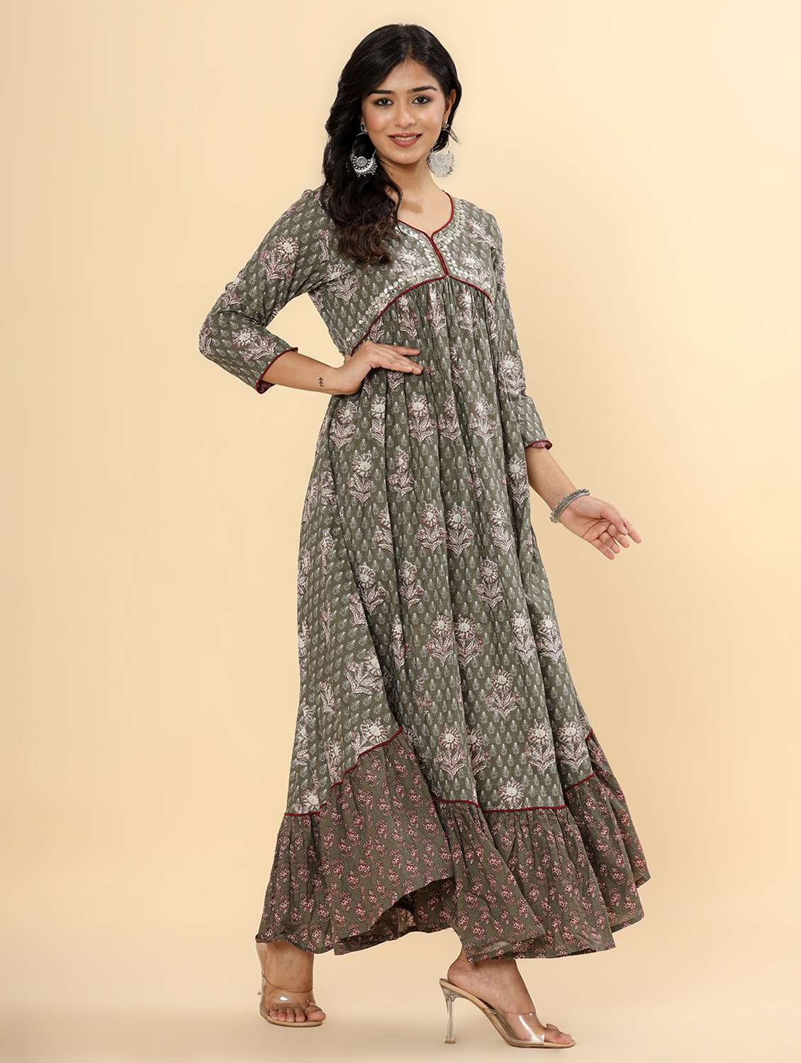 women printed three quarter sleeve ethnic dress - 22300355 -  Standard Image - 2