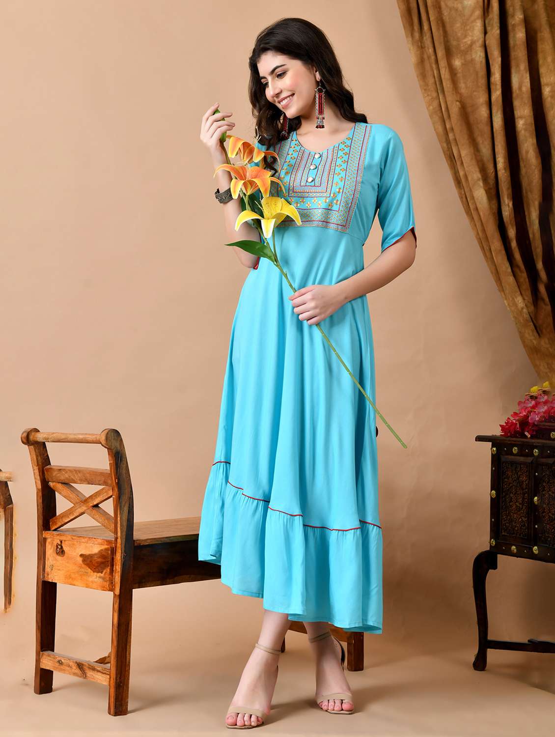 women solid with work three quarter sleeve ethnic dress - 22300357 -  Standard Image - 2