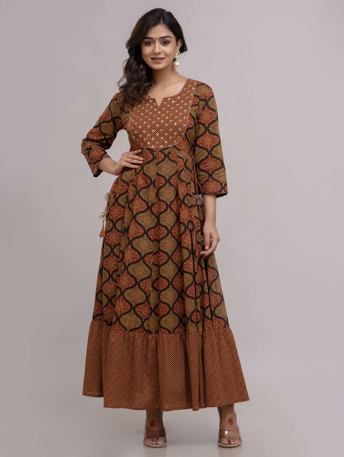 women printed three quarter sleeve ethnic dress - 22300358 -  Standard Image - 2