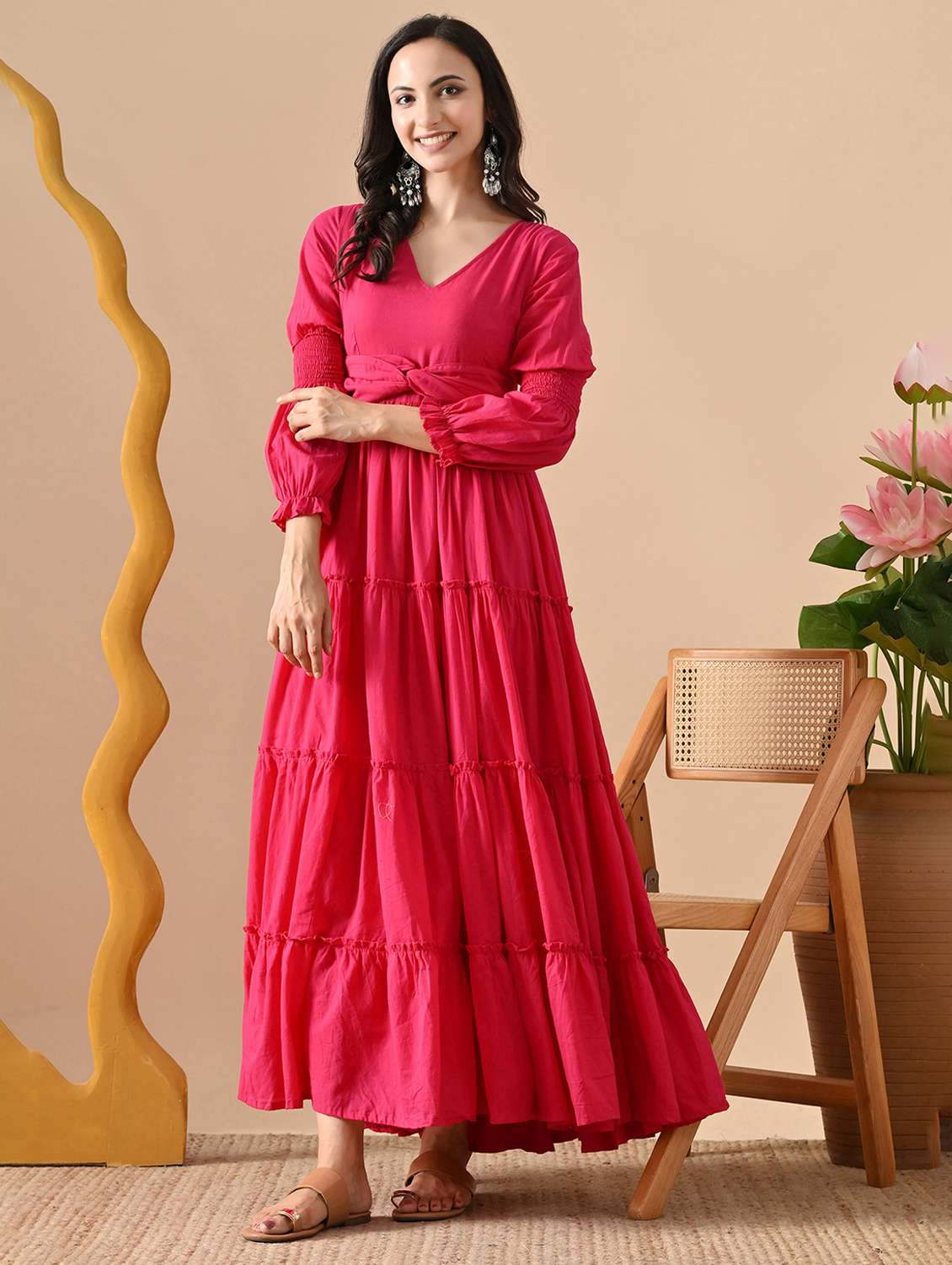 women solid long sleeve tiered maxi dress