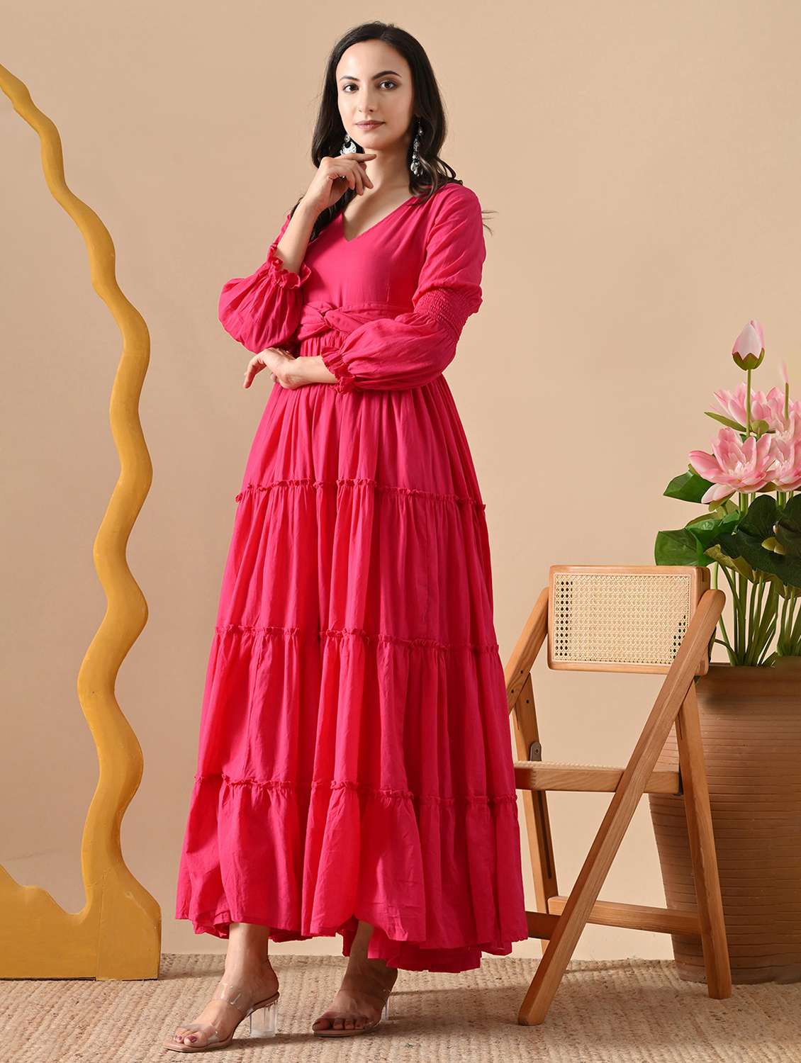 women solid long sleeve tiered maxi dress - 22300360 -  Standard Image - 2