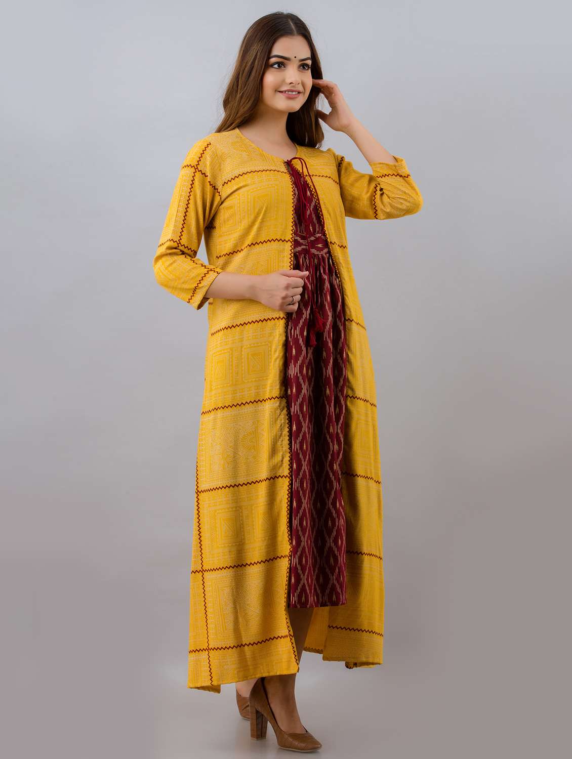 women printed three quarter sleeve ethnic dress - 22300363 -  Standard Image - 2