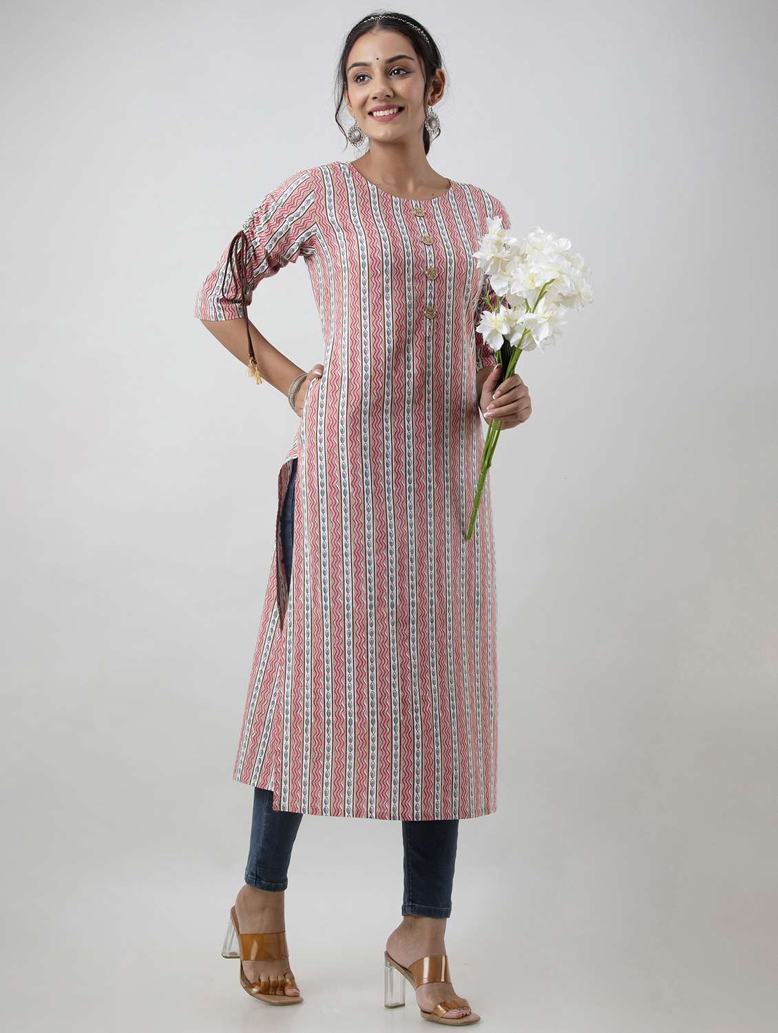 women printed elbow sleeve straight kurta