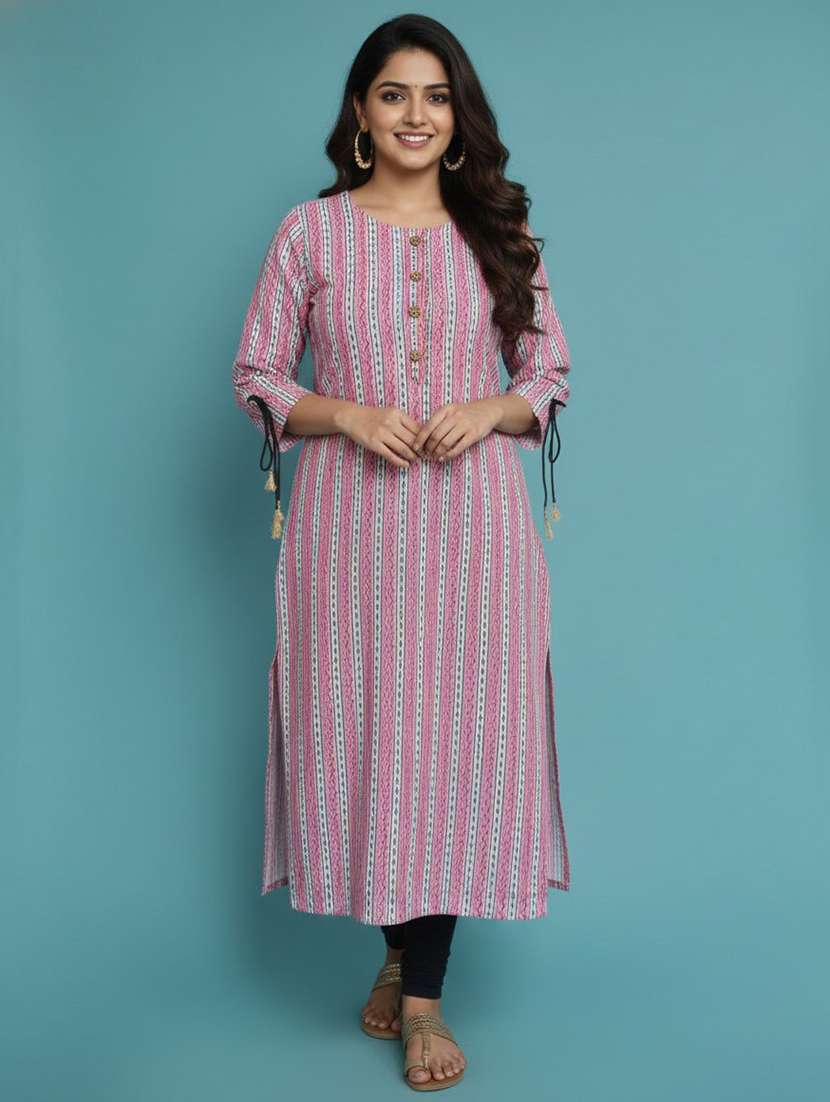women printed three quarter sleeve straight kurta