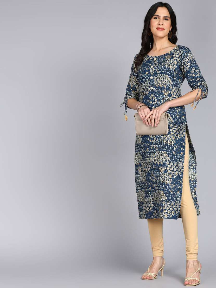 women printed three quarter sleeve straight kurta