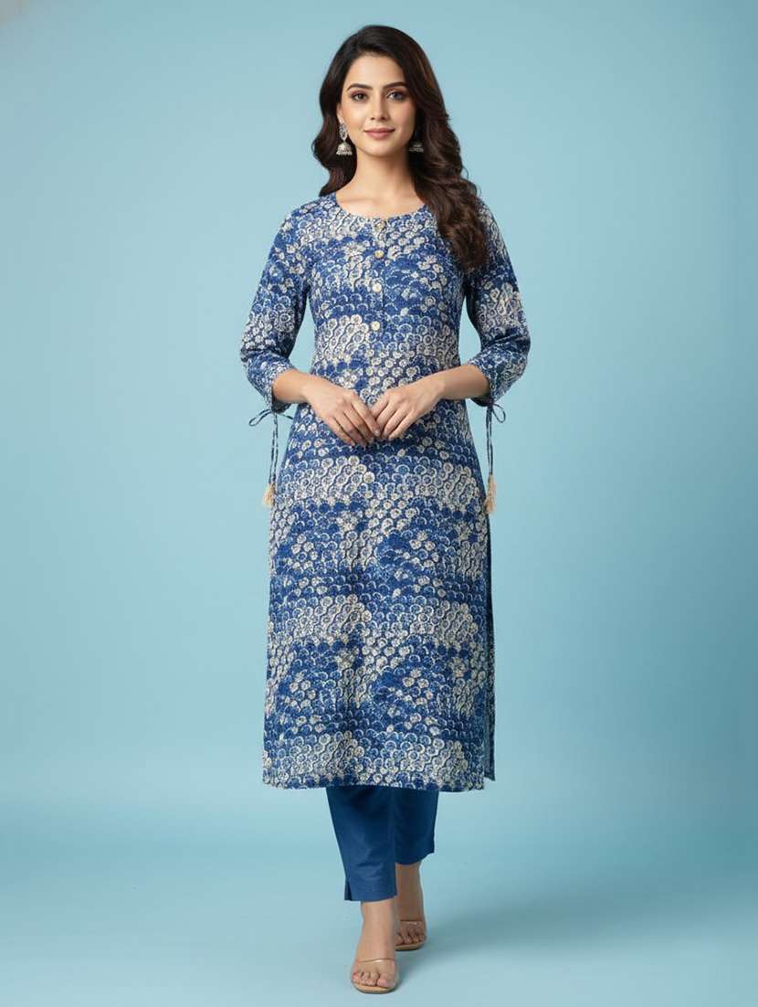 women printed three quarter sleeve straight kurta