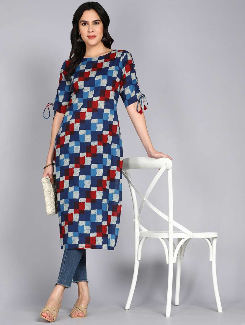 women printed short sleeve straight kurta