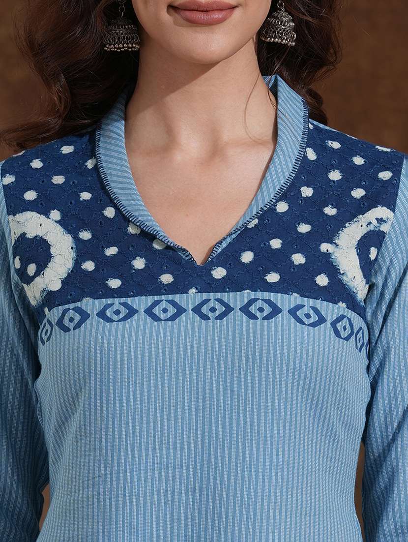 women striped three quarter sleeve straight kurta - 22300518 -  Standard Image - 7